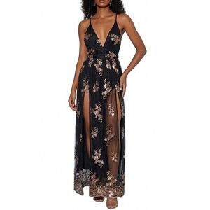 Fairy Babydoll Whimsigoth Black Rose Gold Sequin Floral Maxi Dress Regency Prom